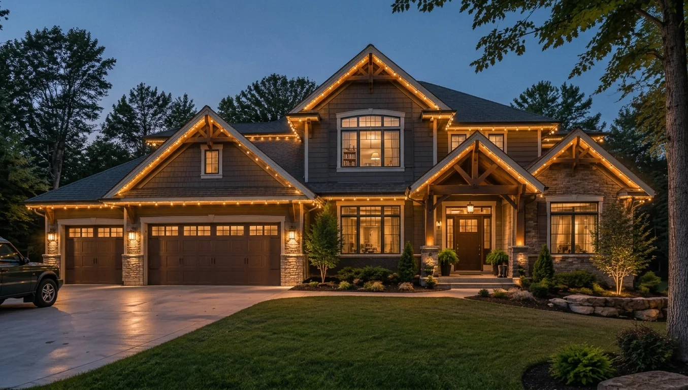 Joplin-area home with permanent roofline lighting and a freshly cleaned exterior at dusk